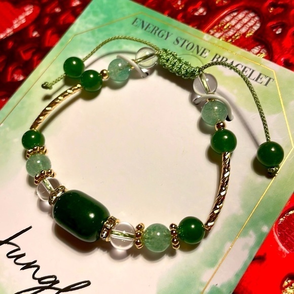 Brand New La Meno 18K Gold Plated Green Jade & Quartz Energy Stone Bracelet - Picture 7 of 10
